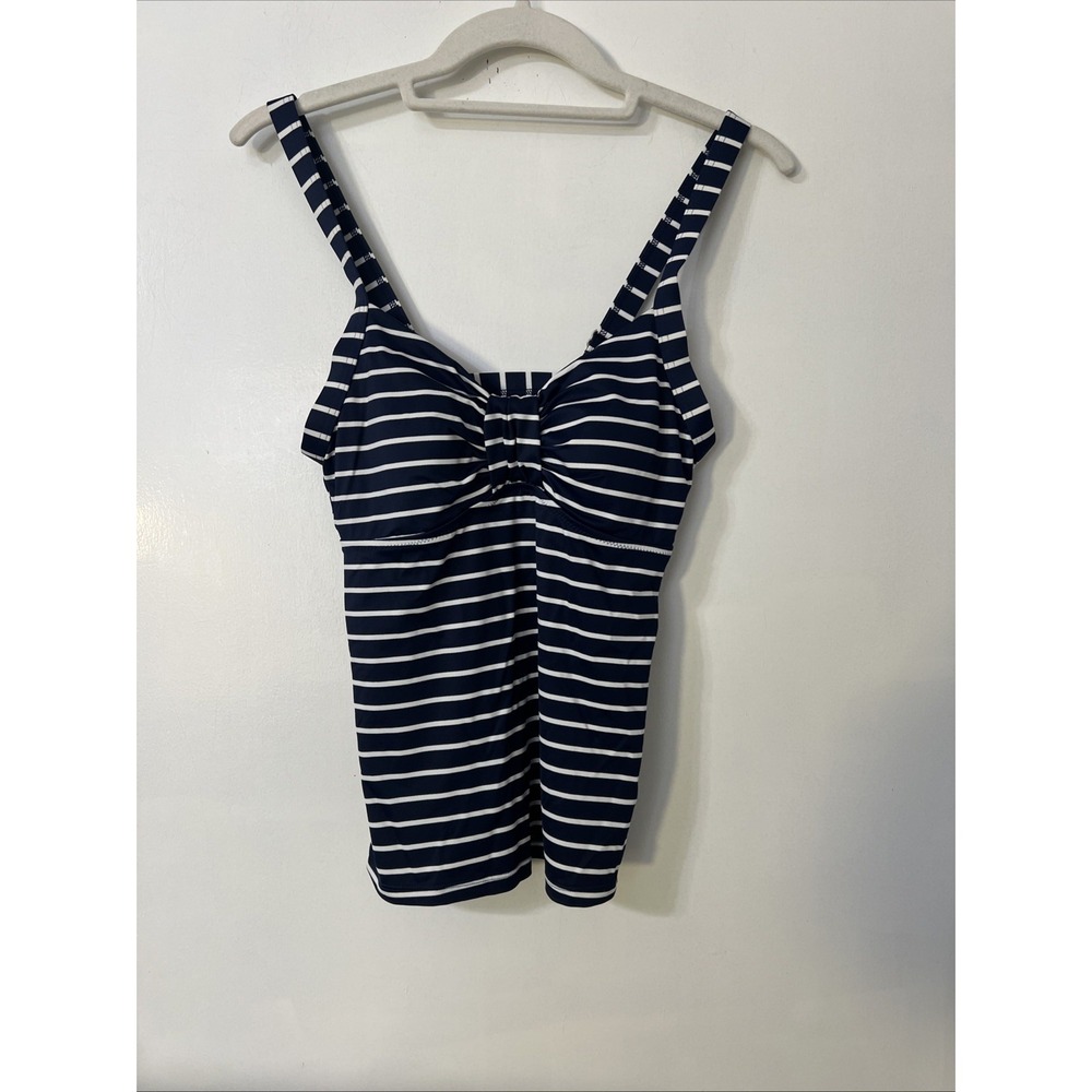 LL BEAN Navy White Stripe Tankini Top Size 6 Regular Swim Beach Summer UPF 50+